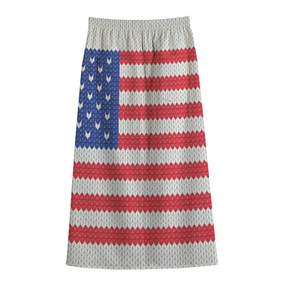Knitted American Flag Print Cotton Front Slit Maxi Skirt