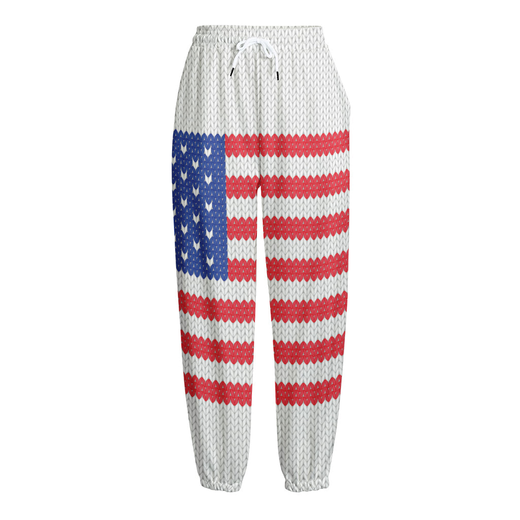 Knitted American Flag Print Fleece Lined Knit Pants