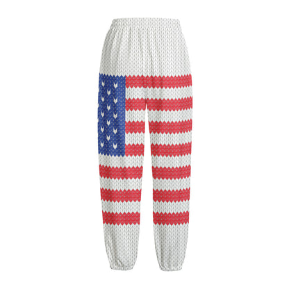 Knitted American Flag Print Fleece Lined Knit Pants