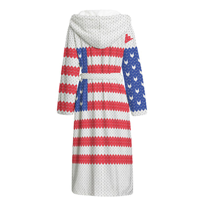 Knitted American Flag Print Hooded Bathrobe