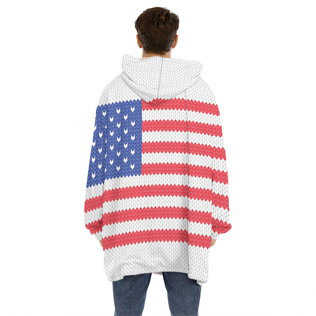 Knitted American Flag Print Hoodie Blanket