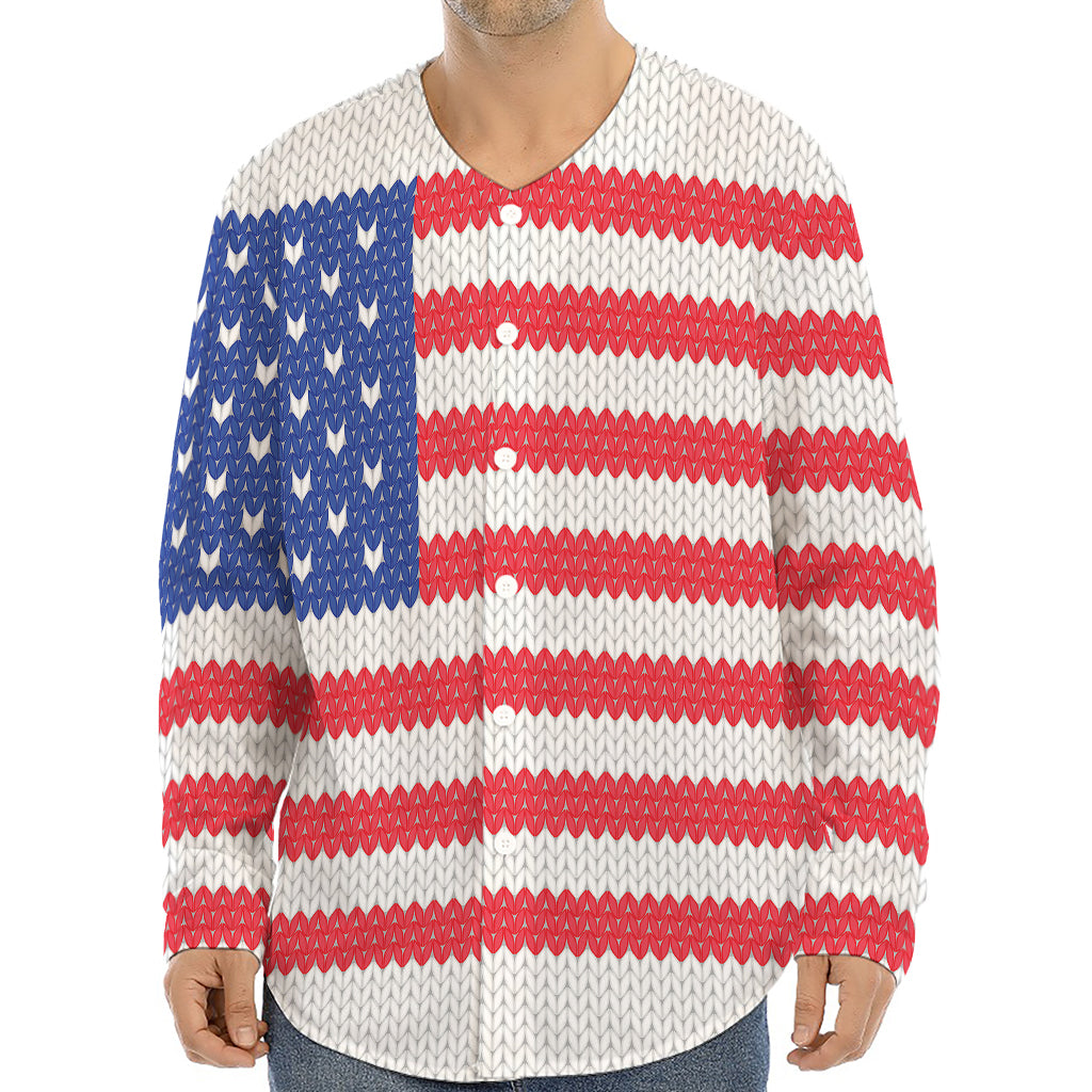 Knitted American Flag Print Long Sleeve Baseball Jersey