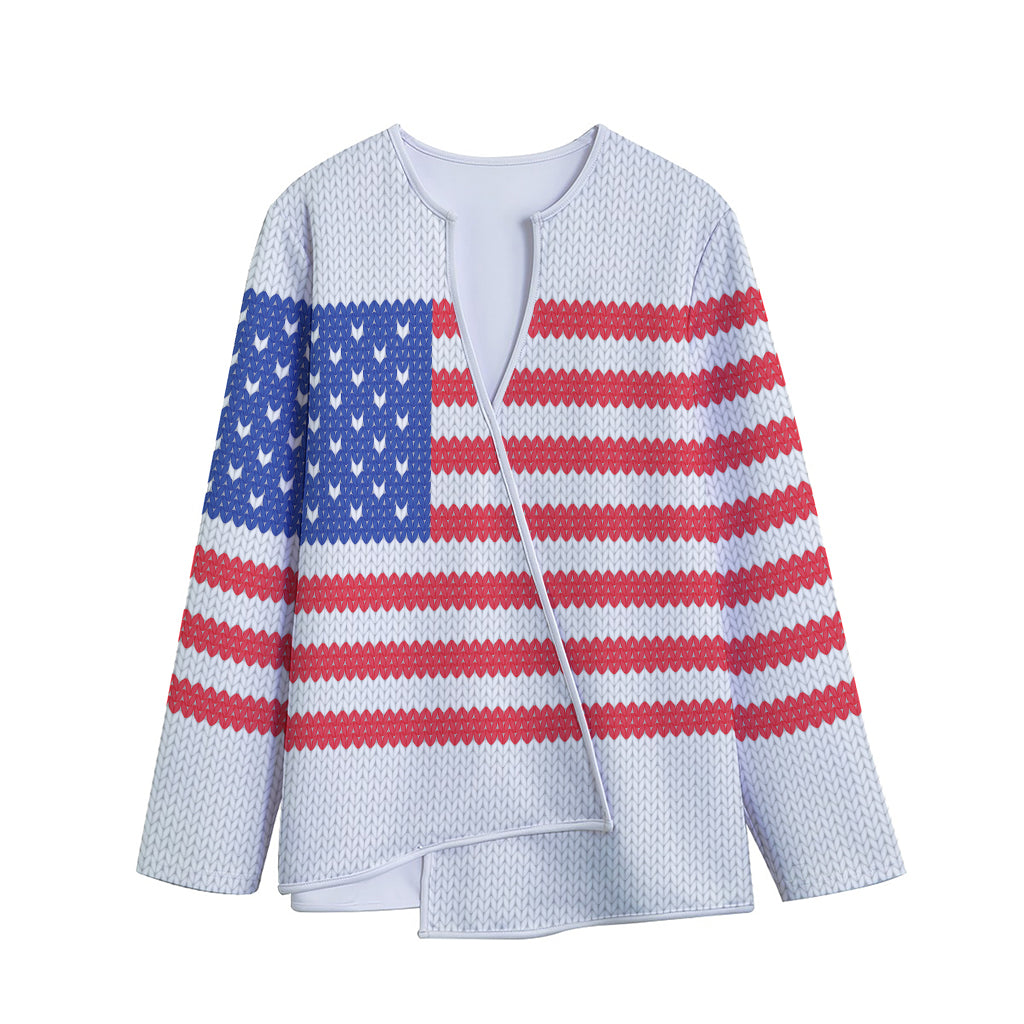Knitted American Flag Print Long Sleeve Short Coat