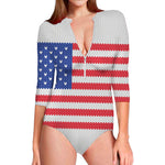 Knitted American Flag Print Long Sleeve Swimsuit