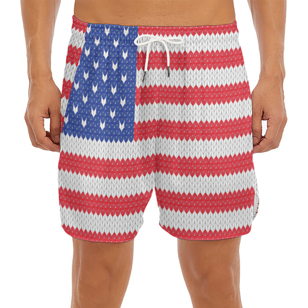 Knitted American Flag Print Men's Split Running Shorts