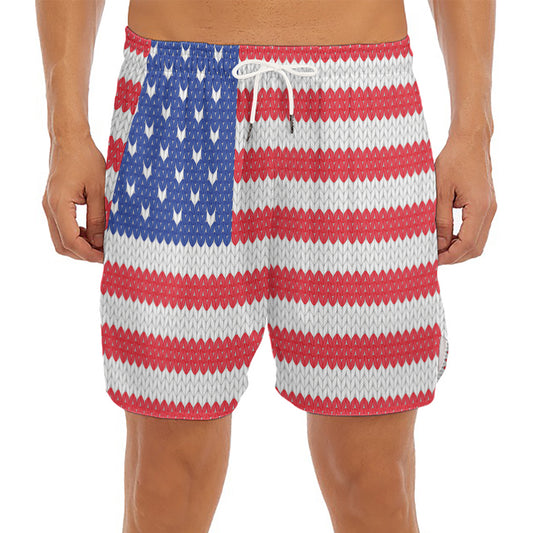 Knitted American Flag Print Men's Split Running Shorts