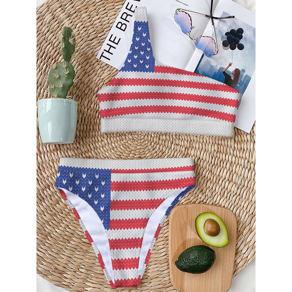 Knitted American Flag Print One Shoulder Bikini Top