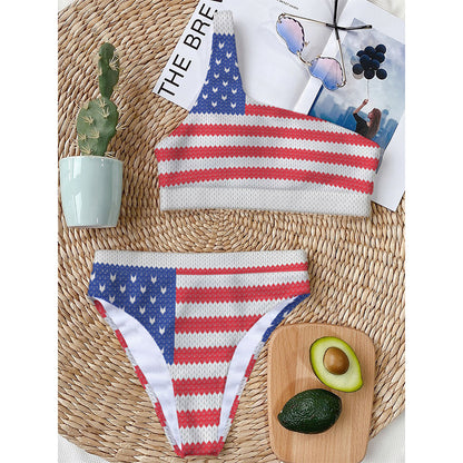 Knitted American Flag Print One Shoulder Bikini Top