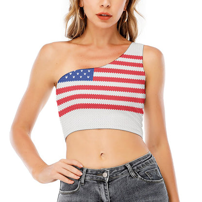 Knitted American Flag Print One Shoulder Crop Top