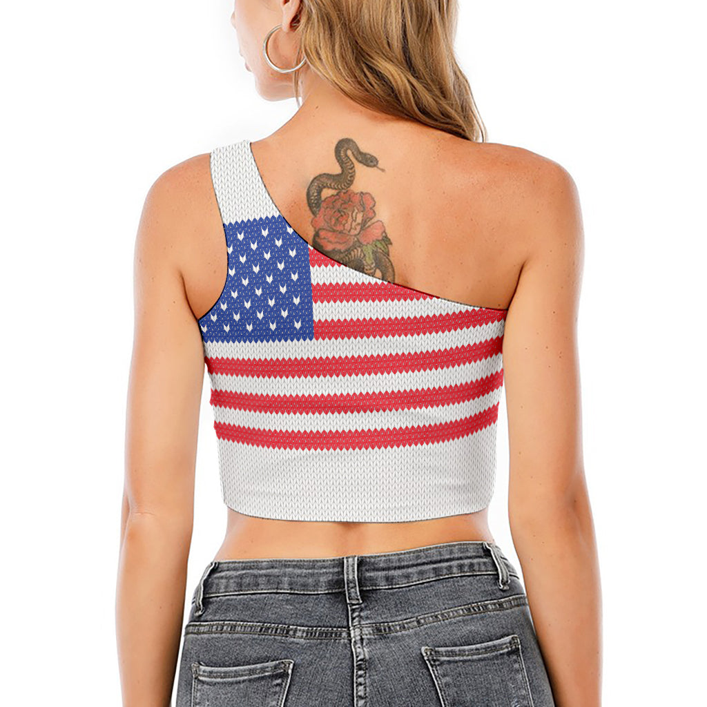 Knitted American Flag Print One Shoulder Crop Top