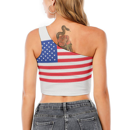 Knitted American Flag Print One Shoulder Crop Top