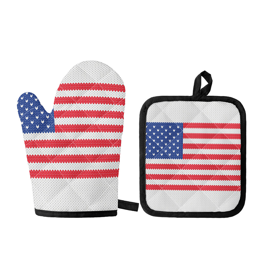 Knitted American Flag Print Oven Mitt And Pot Holder Set