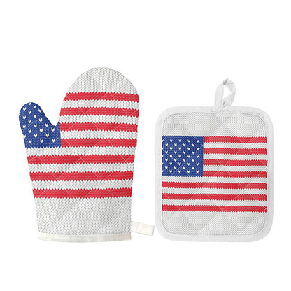 Knitted American Flag Print Oven Mitt And Pot Holder Set