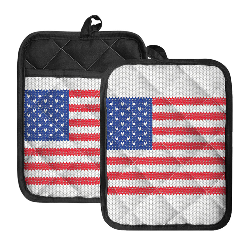 Knitted American Flag Print Pot Holders With Pocket