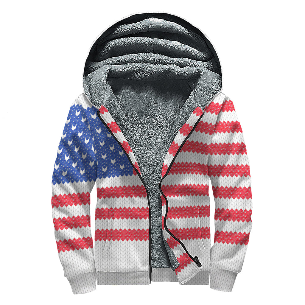 Knitted American Flag Print Sherpa Lined Zip Up Hoodie
