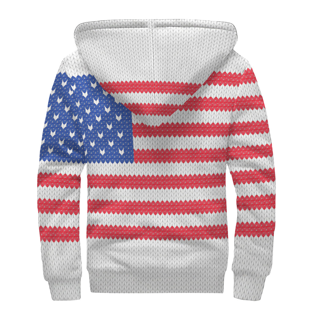 Knitted American Flag Print Sherpa Lined Zip Up Hoodie