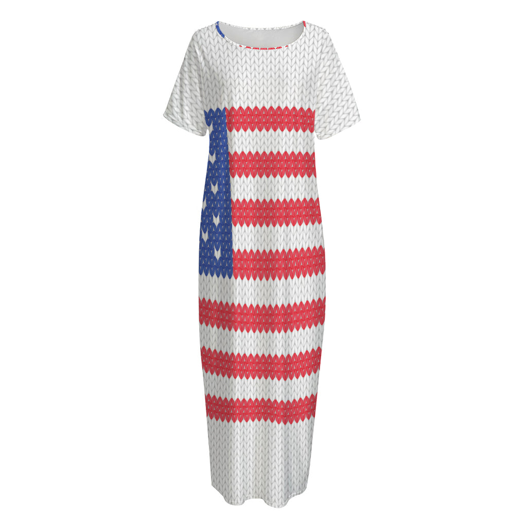 Knitted American Flag Print Short Sleeve Long Nightdress
