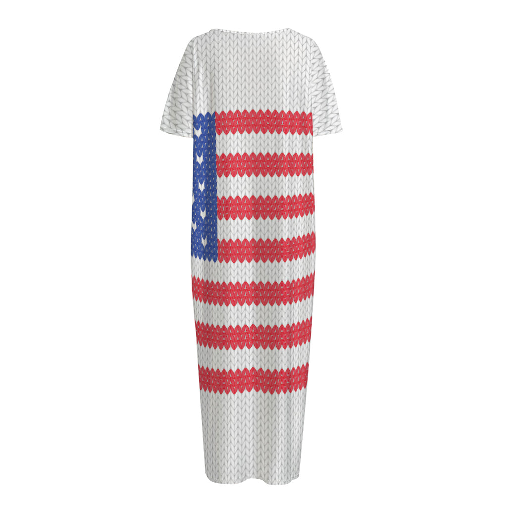 Knitted American Flag Print Short Sleeve Long Nightdress