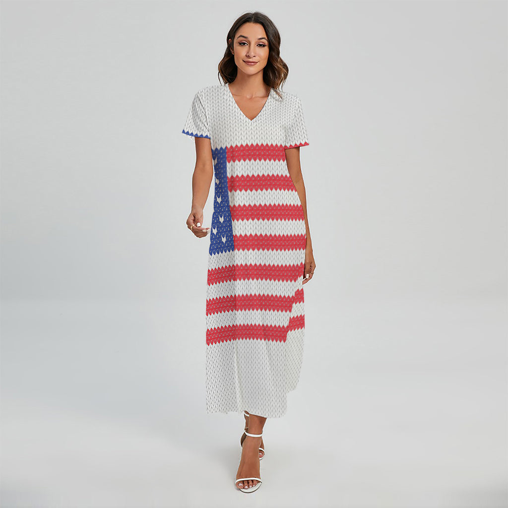 Knitted American Flag Print Short Sleeve Maxi Dress