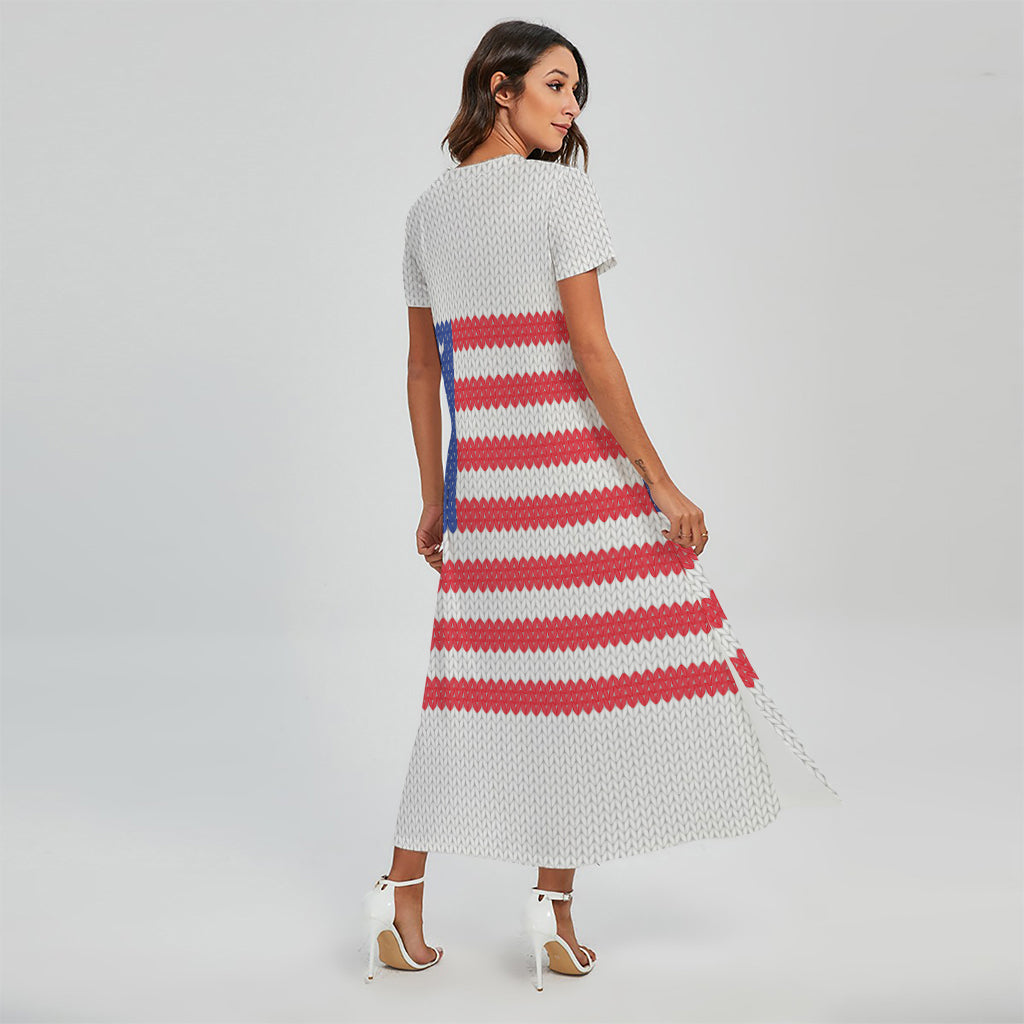 Knitted American Flag Print Short Sleeve Maxi Dress
