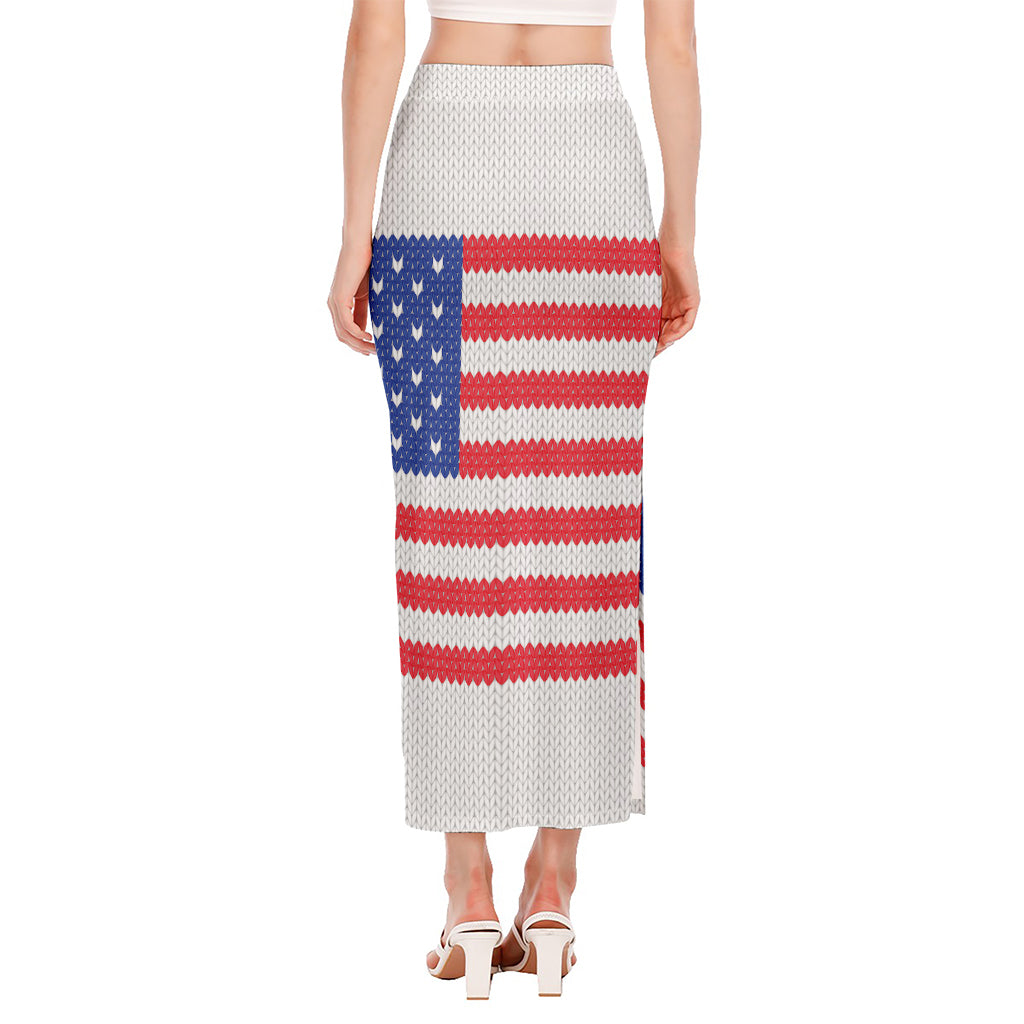 Knitted American Flag Print Side Slit Maxi Skirt