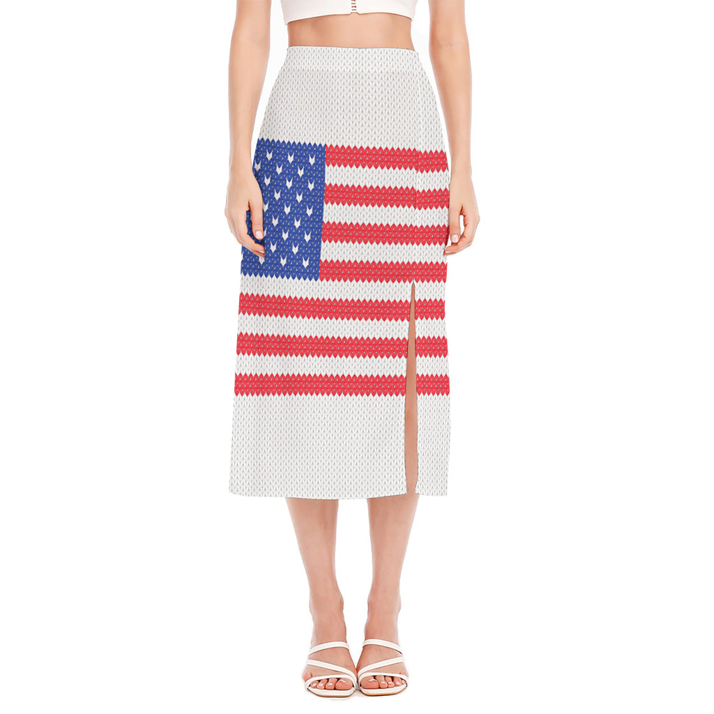 Knitted American Flag Print Side Slit Midi Skirt