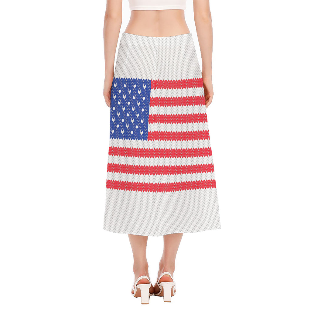Knitted American Flag Print Side Slit Midi Skirt