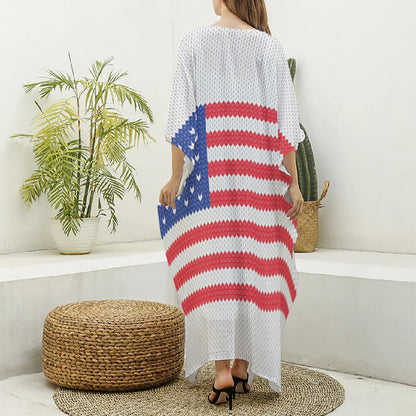 Knitted American Flag Print Silk V-Neck Kaftan Dress