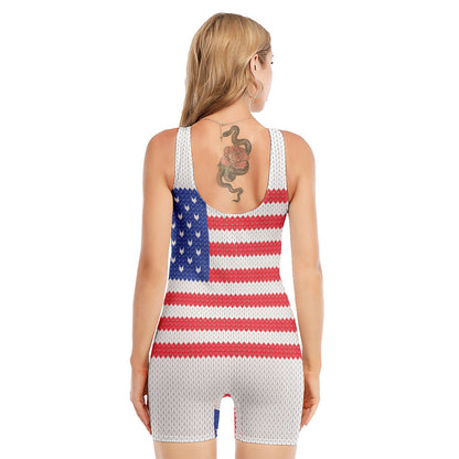 Knitted American Flag Print Sleeveless One Piece Swimsuit