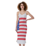 Knitted American Flag Print Slim Fit Midi Cami Dress