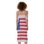 Knitted American Flag Print Slim Fit Midi Cami Dress