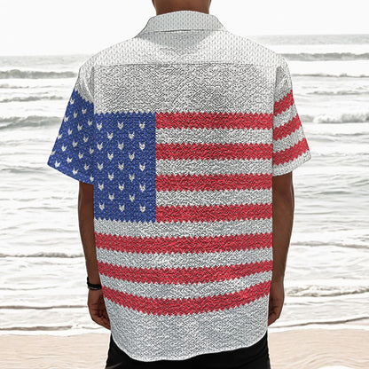 Knitted American Flag Print Textured Short Sleeve Shirt