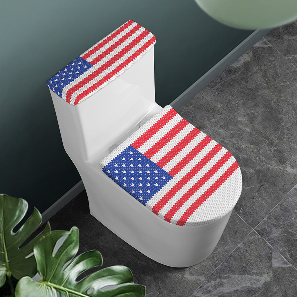 Knitted American Flag Print Toilet Lid And Tank Cover Set