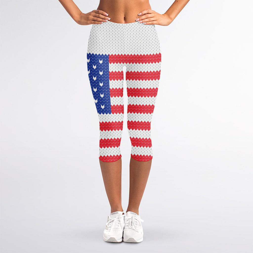 Knitted American Flag Print Women's Capri Leggings