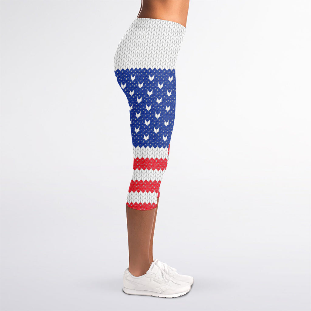 Knitted American Flag Print Women's Capri Leggings