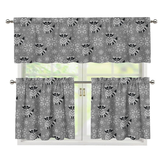 Knitted Raccoon Pattern Print 3 Piece Kitchen Curtains