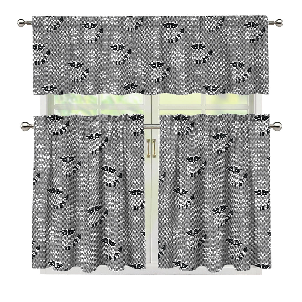 Knitted Raccoon Pattern Print 3 Piece Kitchen Curtains