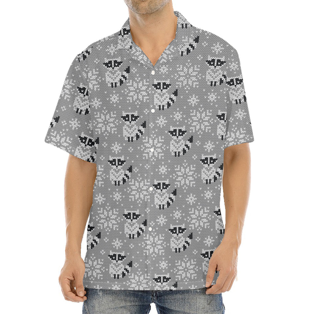 Knitted Raccoon Pattern Print Aloha Shirt