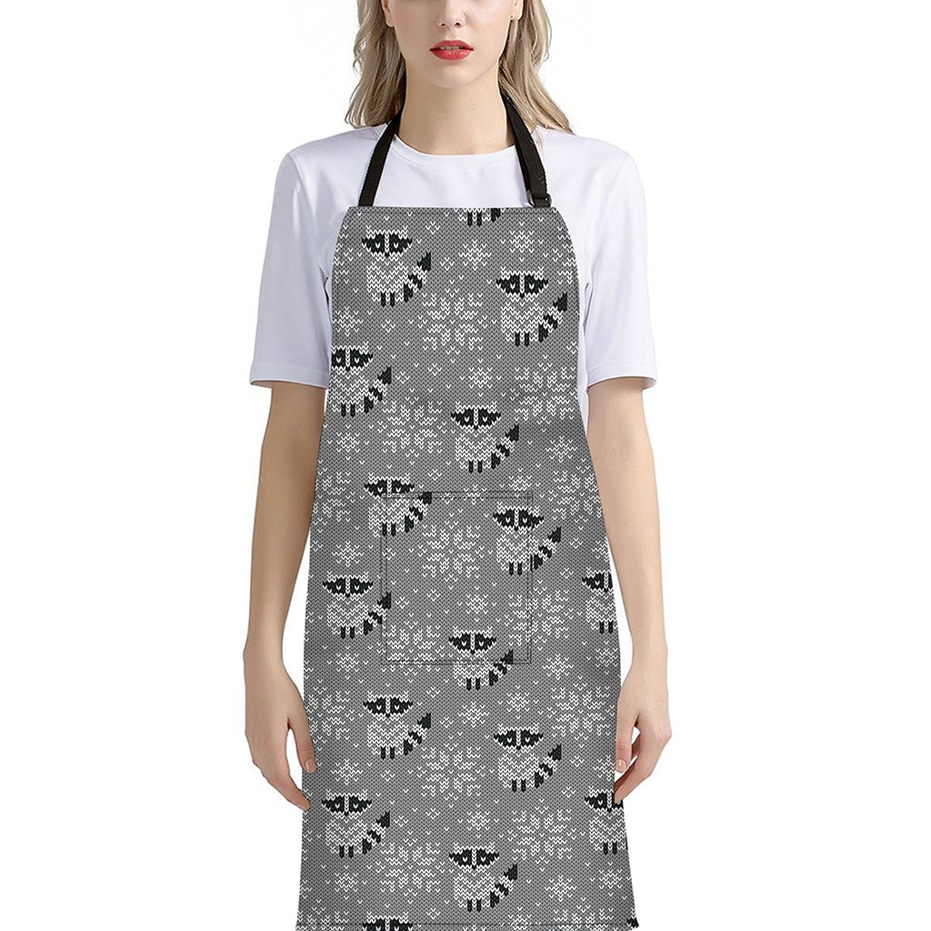 Knitted Raccoon Pattern Print Bib Apron With Pocket