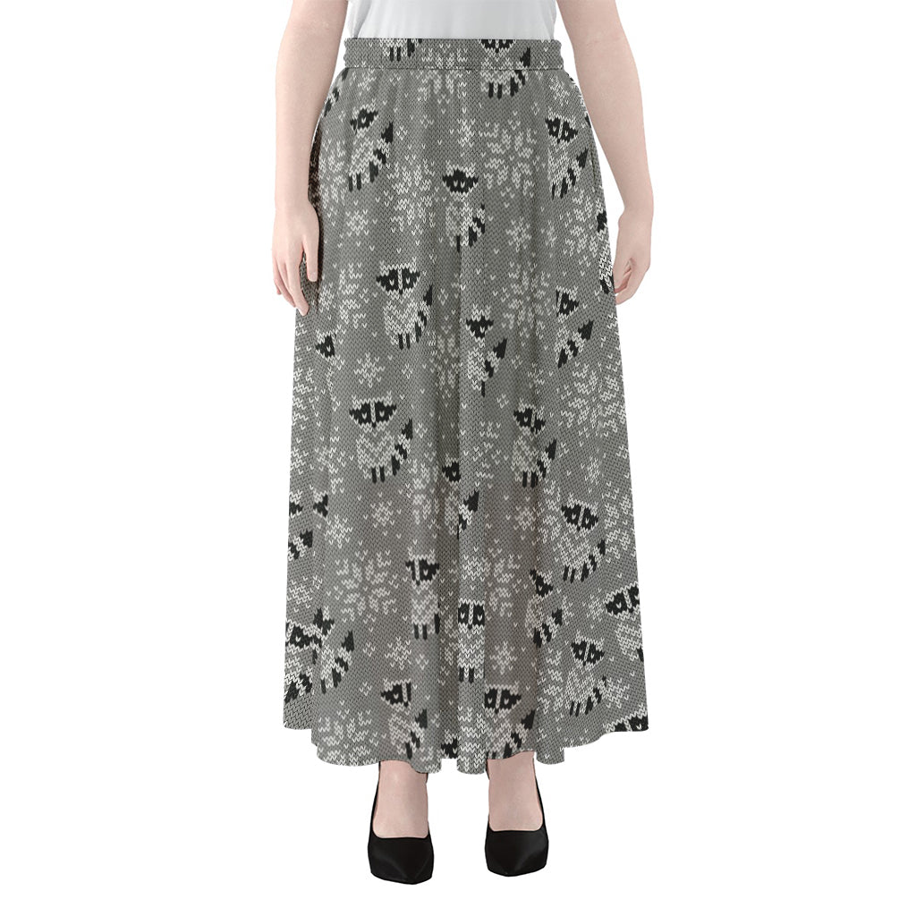 Knitted Raccoon Pattern Print Chiffon Maxi Skirt