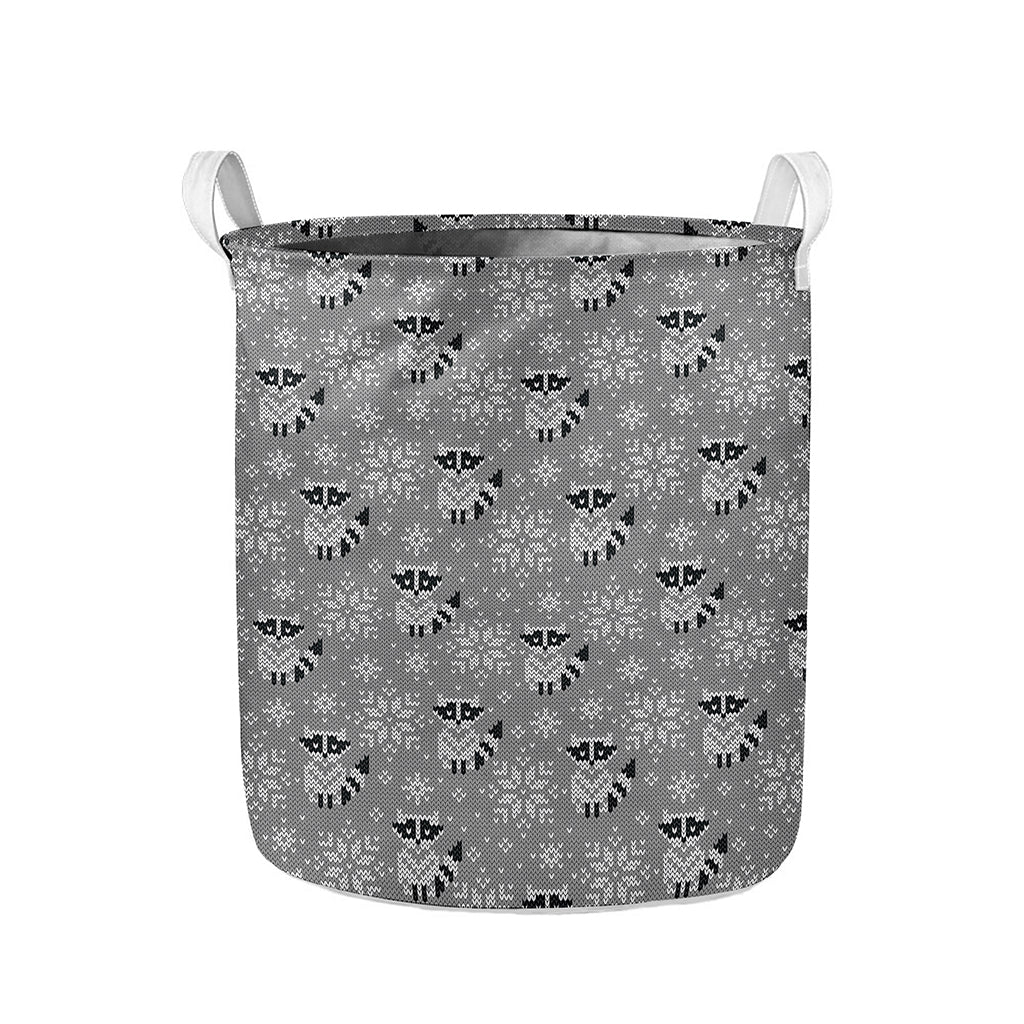 Knitted Raccoon Pattern Print Collapsible Laundry Basket