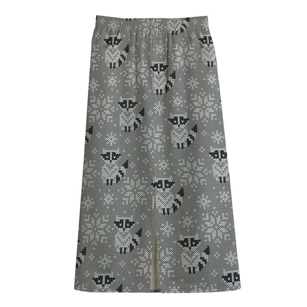 Knitted Raccoon Pattern Print Cotton Front Slit Maxi Skirt