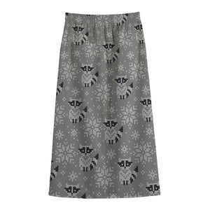 Knitted Raccoon Pattern Print Cotton Front Slit Maxi Skirt