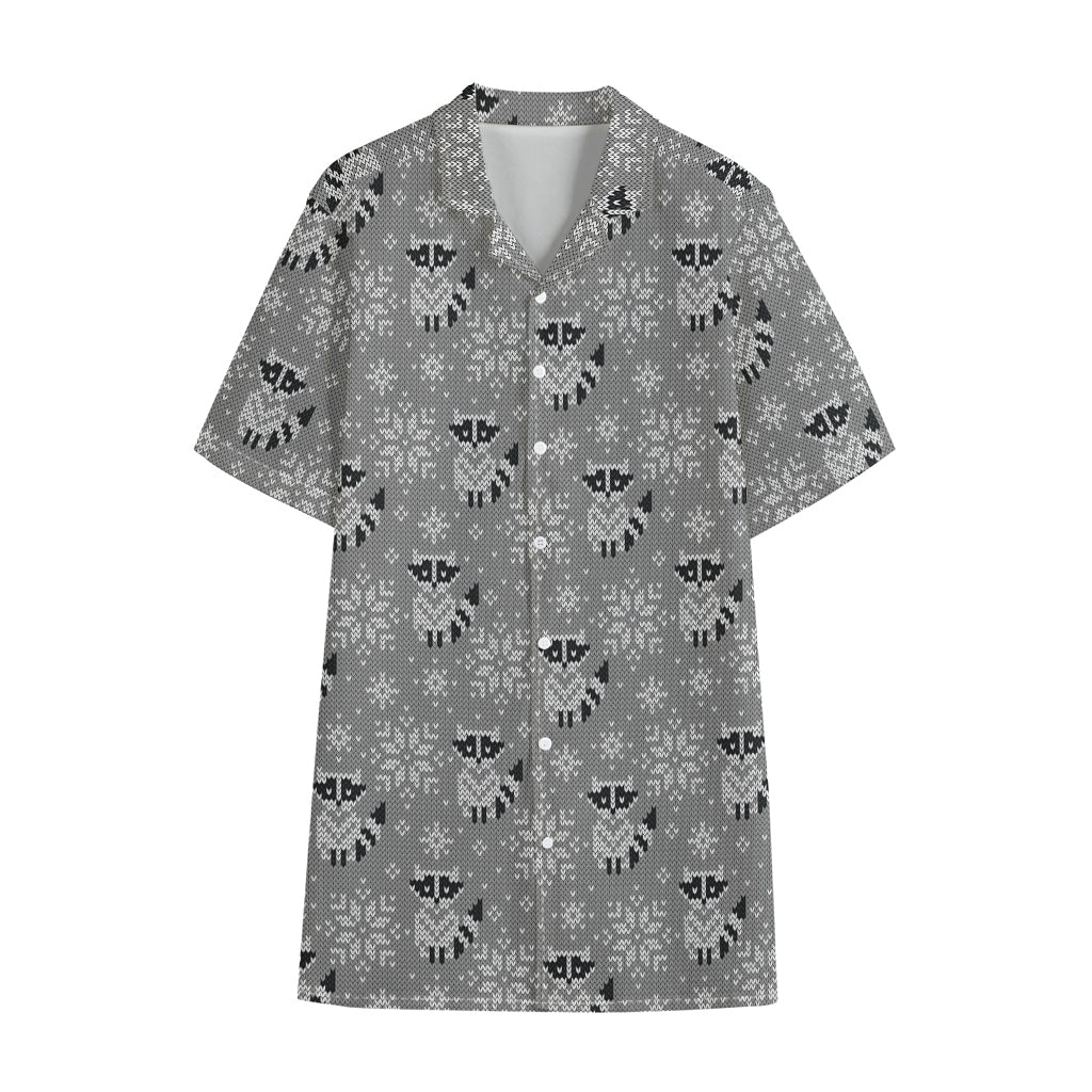 Knitted Raccoon Pattern Print Cotton Hawaiian Shirt