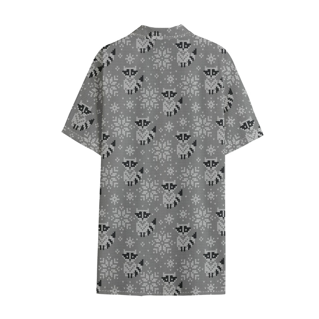 Knitted Raccoon Pattern Print Cotton Hawaiian Shirt