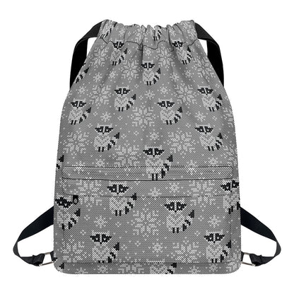Knitted Raccoon Pattern Print Drawstring Backpack