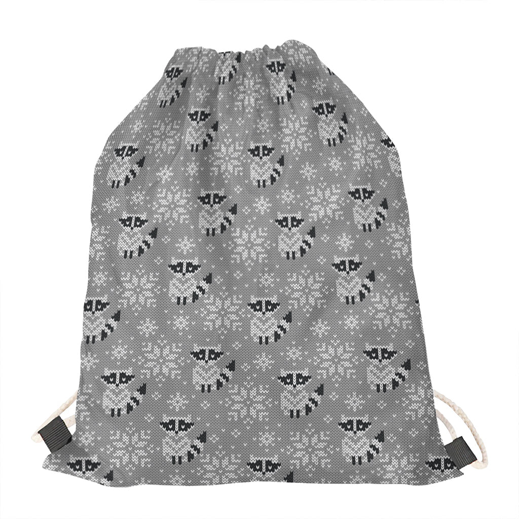 Knitted Raccoon Pattern Print Drawstring Bag