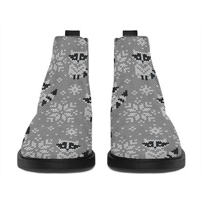 Knitted Raccoon Pattern Print Flat Ankle Boots