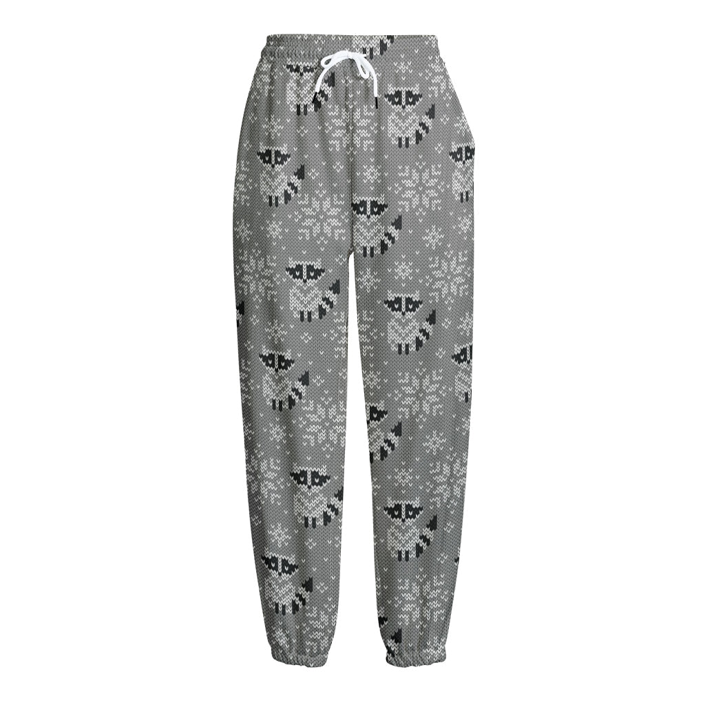 Knitted Raccoon Pattern Print Fleece Lined Knit Pants