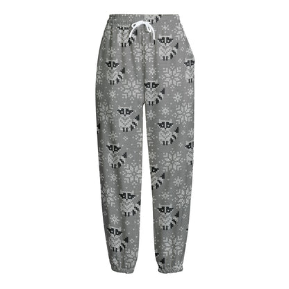 Knitted Raccoon Pattern Print Fleece Lined Knit Pants
